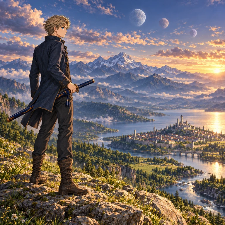 Vorläufiges Cover von Beyond the Worlds mit einem Reisenden, einem Bergtal und drei Monden